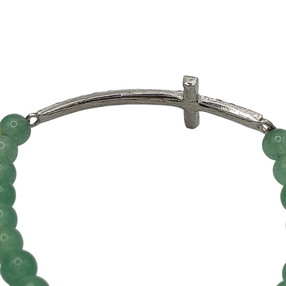 Aventurine Glass Green Beaded Silver Tone Cross Bracelet Rhinestone Sparkle - Picture 10 of 11